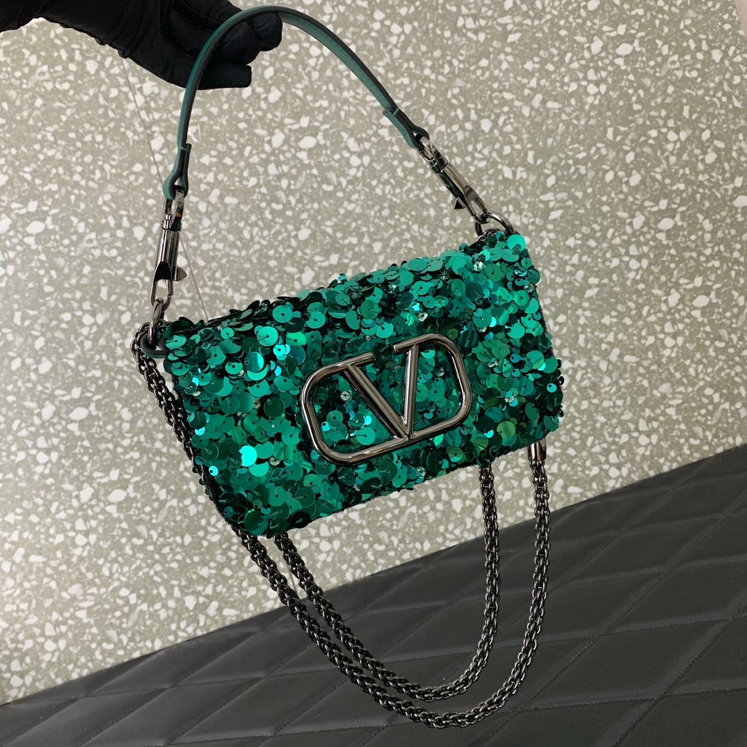 Valentino Garavani Loco Small Embroidered Shoulder Bag with Vert Vertigo Beaded Fringes